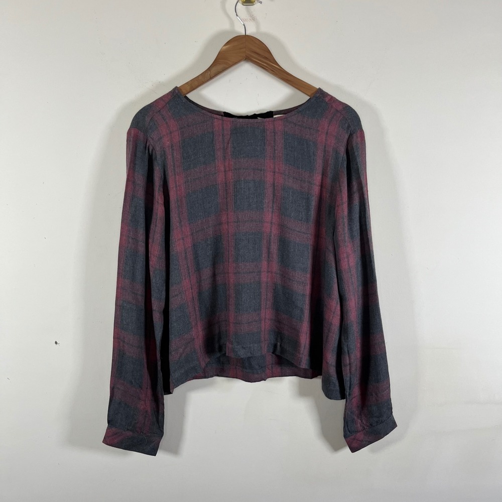 Anthropologie Cloth & Stone Tie Back Plaid Long Sleeve Top Red Gray Womens Large